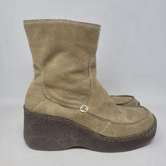 Vintage Bongo Boots 8 Tan Brown Suede Platform Wedge 90s Y2K Retro Chunky Ankle - Picture 2 of 12